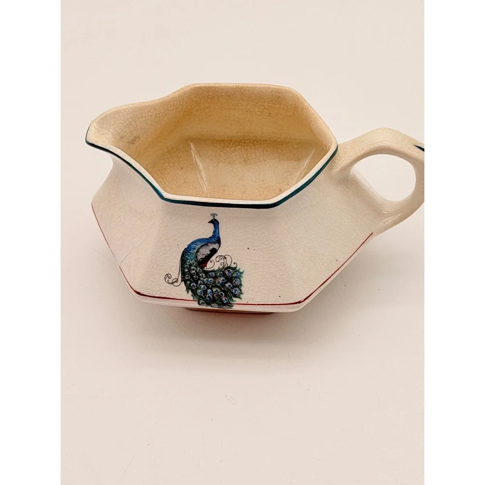 Vintage Hexagonal Peacock Ceramic Creamer Pitcher Cream Blue Art Deco 5117X